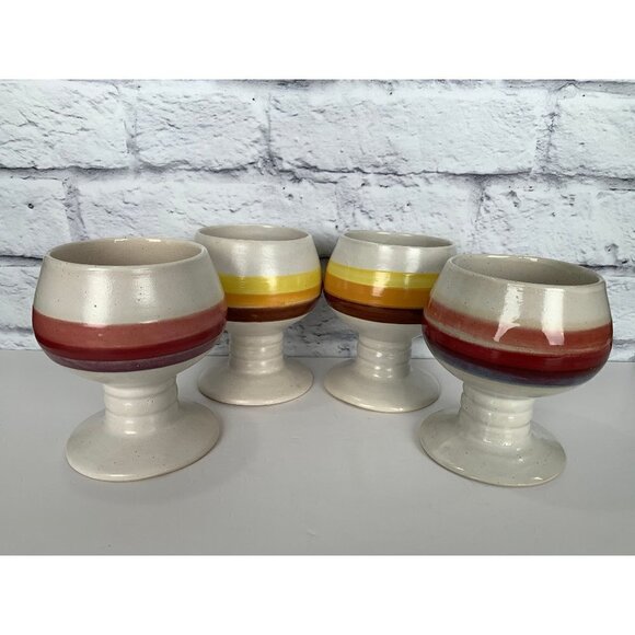 4 MCM Handmade Goblets Handpainted one pair made in Korea Yellow Red Brown - Picture 1 of 10